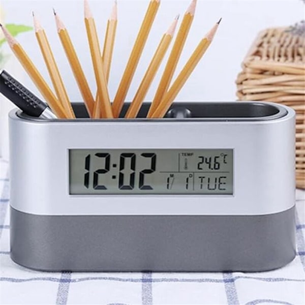 Tyst väckarklocka, bordsur, elektronisk digital pennhållare, visitkortshållare, kalendertemperaturvisning timer