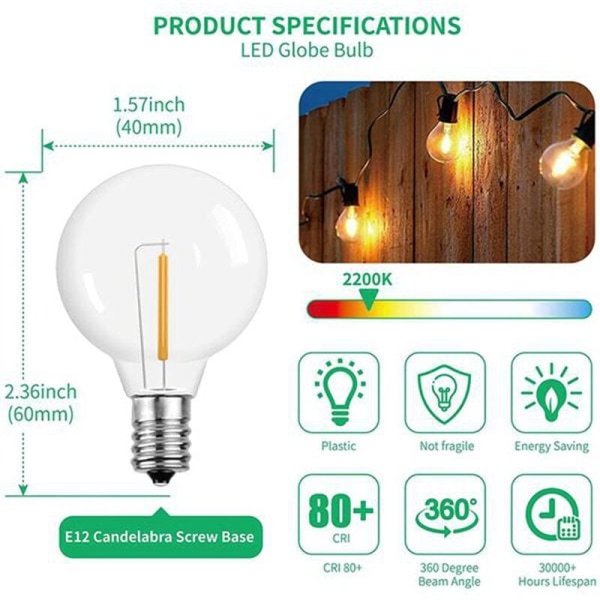 6 stk. G40 LED-erstatningspærer, E12-skruebase, uknuselige LED-globepærer til solstrenglys, varm hvid