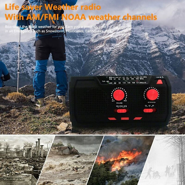 Solcelledrevet multifunksjons håndsveiv FM/AM værradio nød-LED lommelykt for utendørs camping