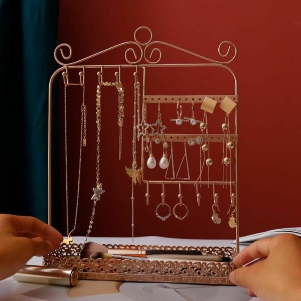 Smyckesställ för örhängen, kedjor & ringar - ca. 25x10x33cm, - Dekorativ smyckeshållare i metall 4 nivåer, krok- och ringfack Smyckeförvaring