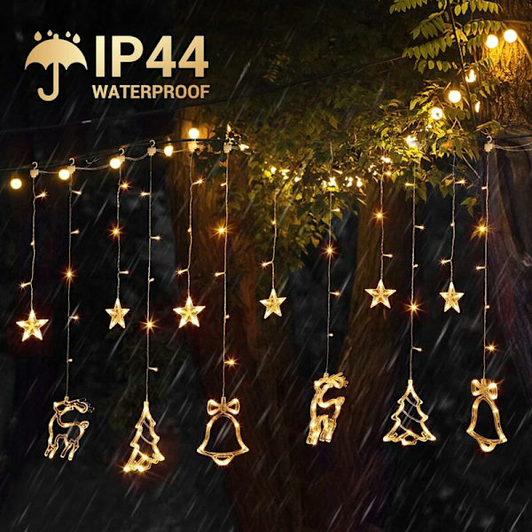 Julgardin med 138 LED-lampor, Julgardin med stjärnor, renar, granar och klockor, Inomhus/Utomhus Julbelysning Dekoration, Anslutbar L