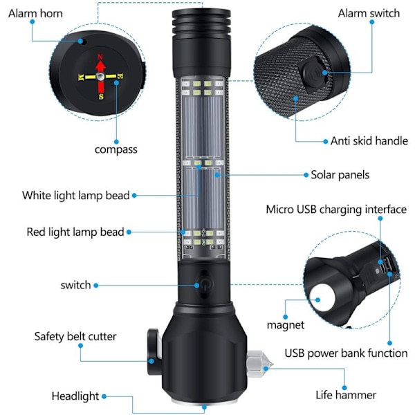Ultrastark LED-ficklampa med solladdningsfunktion, kan ladda mobiltelefoner, med kompass, horn, kniv och fönsterkrossare