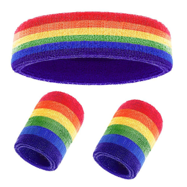3- set svettbandset inklusive sportpannband och 2-delat armband svettband regnbåge flerfärgad randig design