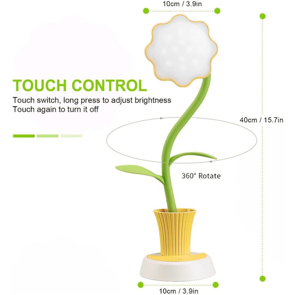 Bordlampe til Børn - Solsikke LED Opladningsbordlampe med Øjenbeskyttelse, Lille Bordlampe til Læsning, Studie og Kontor, Justerbar Lysstyrke