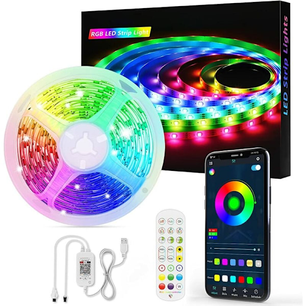 LED-stripe, 5M 150LED Bluetooth LED-stripe 5050 RGB 5V USB, Lysstripe styrt via APP og fjernkontroll, 16 millioner farger og 213 moduser Perfekt