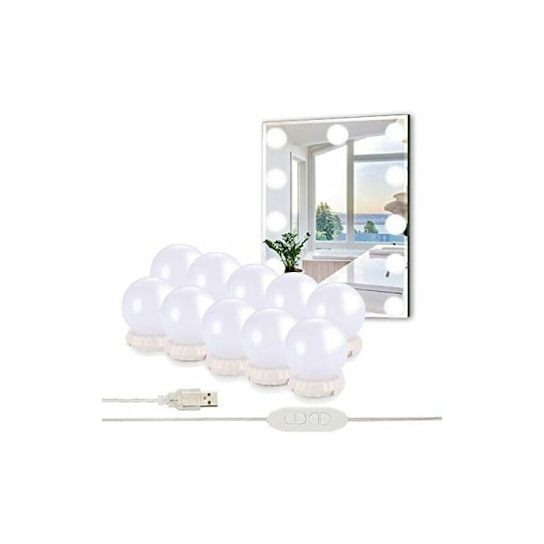 Spejllampe, 10 pærer Hollywood dæmpbar LED lys sæt lampe - USB makeup lampe 3 farver 10 lysstyrkeniveauer -