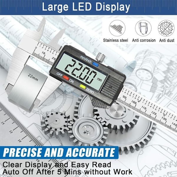 Vernier caliper, digitalt vernier caliper 150mm rustfritt stål, mm/tomme konvertering, stor presisjons LCD-skjerm, sprutsikker