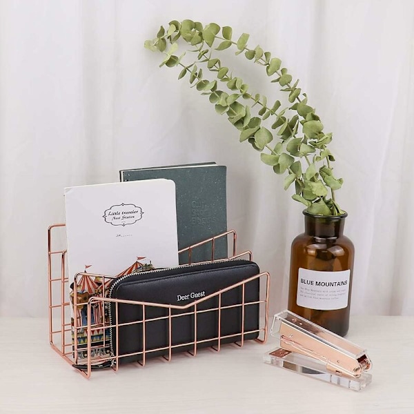 Brevkurv Papirbrett Rose Gull Skrivebord Organizer 3 Roms Organizer System Håndlaget Dokumentbrett Metall Dekorativ Oppbevaring Rom for Konvolutter
