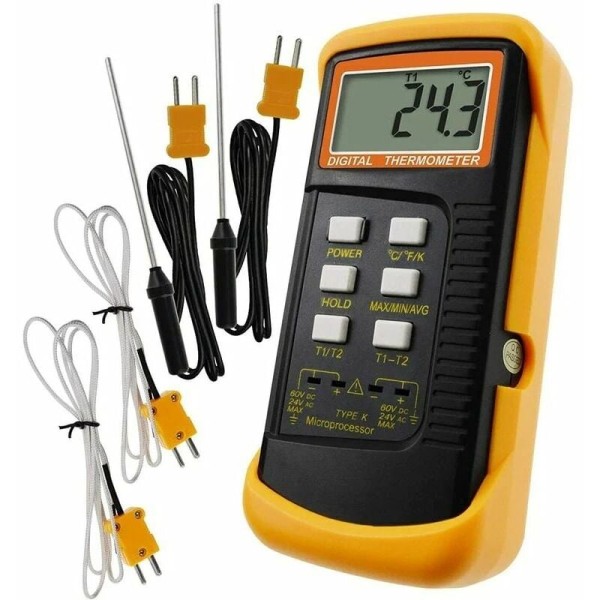 K-tyypin lämpömittari 1300 °C:n termoelementtianturilla (kiinteä ja ruostumaton teräs) (°C, °F ja K 4 termoelementillä)