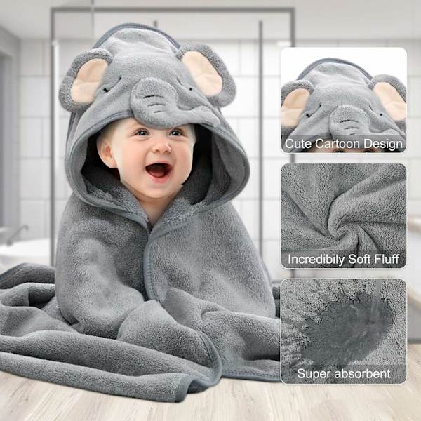 Babyhuva Handduk, Baby Badhandduk, Unikt Djurmönster, Ultra Mjuk, Absorberande för Pojke och Flicka, Baby Presentset / Grå