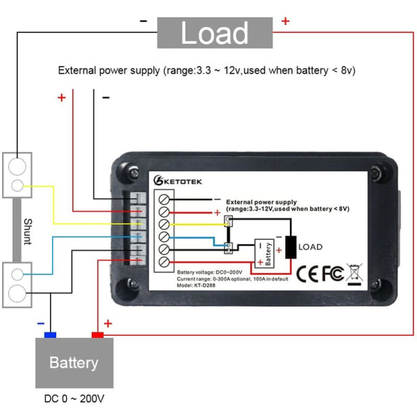 DC Batterimätare Voltmeter Ammeter Energi Energimätare LCD Digital Multimeter Spänning Ström Kapacitans Ohm Timme SOC LCD Mätare DC 0-200V 100A Shunt