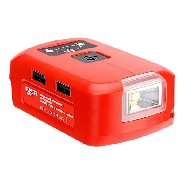 Akkuadapteri V20-akulle, USB-laturi, LED-työvalo, jossa kaksois-USB-laturi ja 12 V:n portti