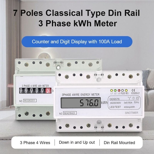 3-fas 4-tråds digital elektrisk energimätare KWh DIN-skena energiförbrukningsmonitor AC 380V 400V B