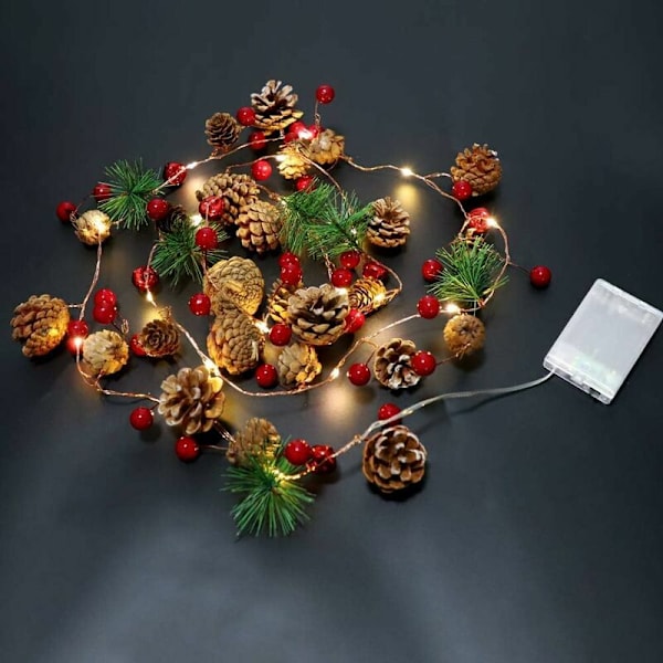 Julgransbelysning med kottar, röda bär, matsubaklocka, julgirlang, ljusslinga med fjärrkontroll, för inomhus- och utomhusbruk, jul, nyår