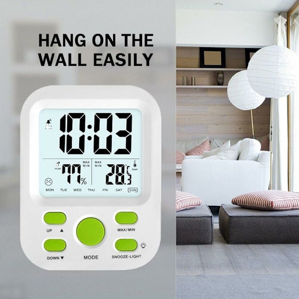Digital väckarklocka med snooze och sömntimer, 12 timmar/24 timmar, bakgrundsbelyst display, automatisk fuktighets- och temperaturjustering. (Grön)