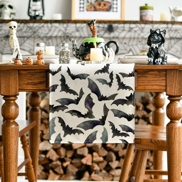 Mønster Silhouette Svart flaggermus Halloween duk, høst kjøkkenbord dekorasjon, perfekt for hjemmefest dekorasjon 13x72 tommer