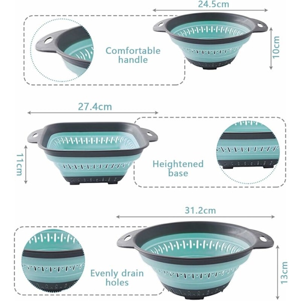 3-pak sammenklappelig silikone si-kurv til afdrypning af pasta, grøntsager, ikke-giftig og nem at rengøre - DENUOTOP