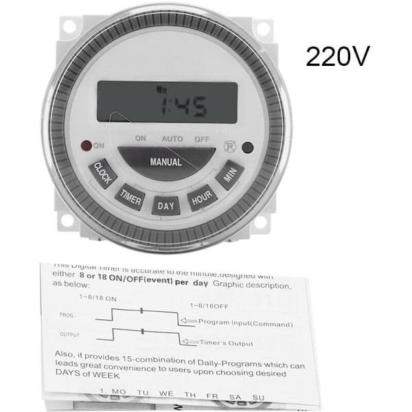 16A Programmerbar Digital Timer, 7 Dager, Tidforsinkelsreléutgang (220V 16A TM-619H-2)