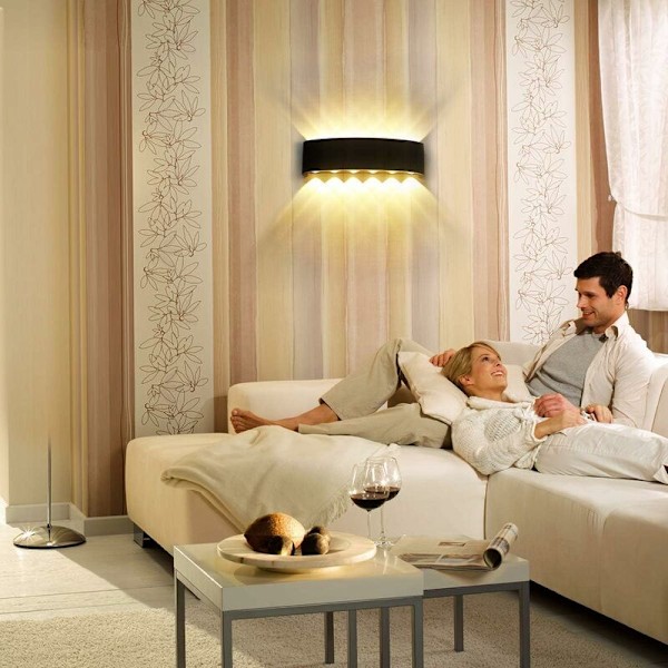 Væglamper Indendørs 12W LED Op og Ned Væglampe Sort Aluminium Moderne Sconce Vægvaskelamper til Stue, Soveværelse, Badeværelse, Gang - Varmt Hvidt
