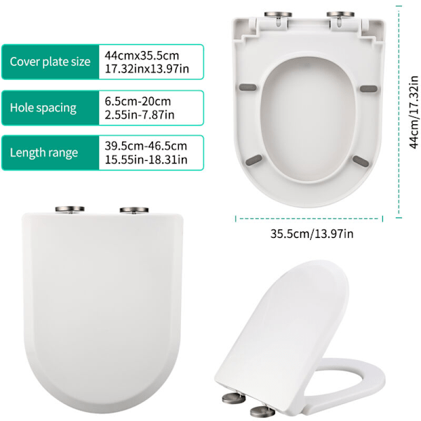 Moderne toiletbræt i D-form - blødt luk, nem rengøring, holdbar lynlås i toppen, hvid - 39-46 cm x 35,5 cm