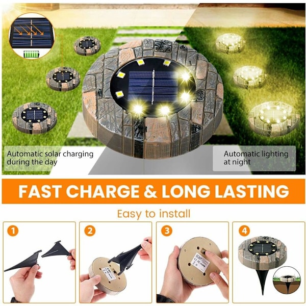 Solcellelys Udendørs Have Jordlys Solcelle Jordlys Solcelle Indbyggede Spotlight 8 LED Belysning 3000K Varmt Hvid Vandafvisende IP65 Harpiks Form