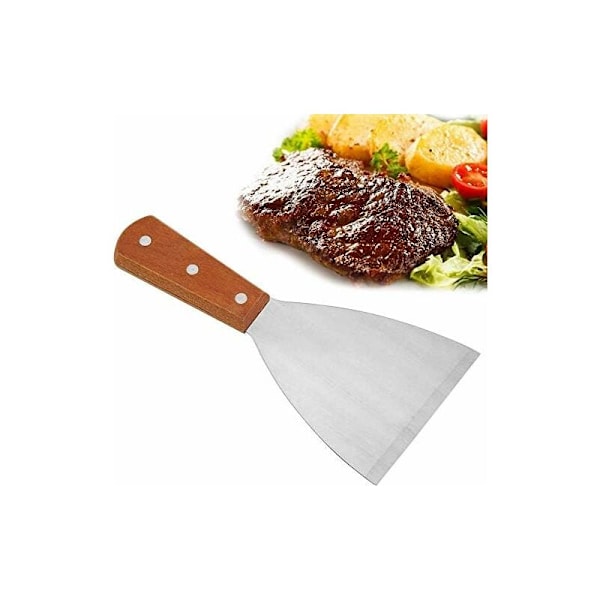Rustfrit Stål Steak Spatel Træhåndtag Non-Stick Grill Spatel Steak Fries Blade Udendørs Madlavningsværktøj til BBQ