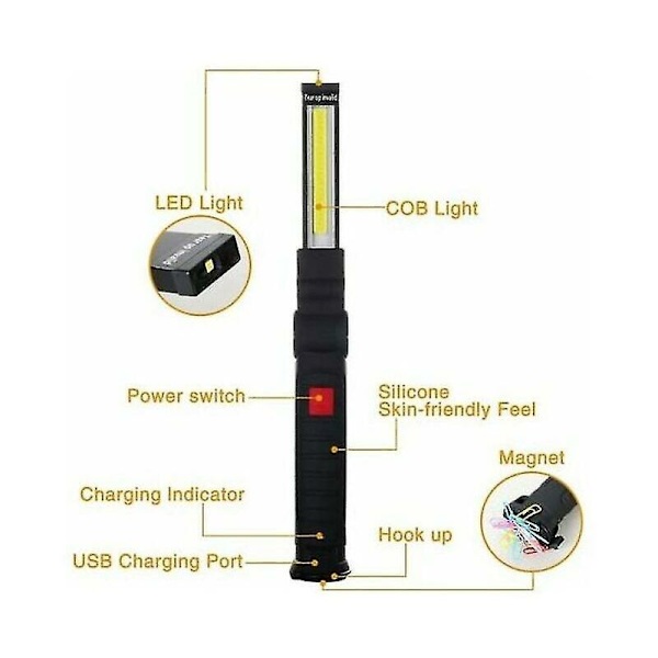 2 X Oppladbart LED arbeidslys Verksted lommelykt LED arbeidslys med magnetisk base Inspeksjonslampe for fotturer, camping.4.8 15cm