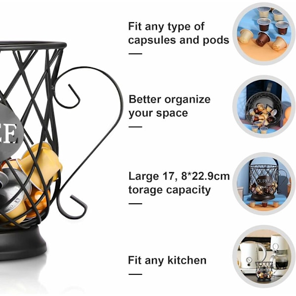 Kaffe Kapselkurv, Kaffe Pod Organizer, Kaffe Kapsel Oppbevaringskurv, Svart Original Design Kaffe Kapsel Holder, Perfekt Kaffe Tilbehør Stor