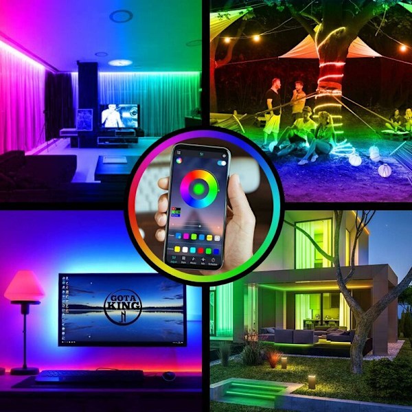 20m RGB LED-stribe, Dæmpbar Bluetooth LED-lysstribe med App-styring, 44-knaps fjernbetjening, Timerindstilling, Musiktilstand, 24V LED til stue