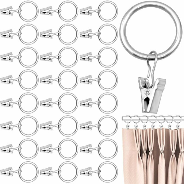 Sæt med 40 gardinringe med clips rustfrit stål gardinringe indvendig diameter 25 mm til gardiner og gardinstænger -