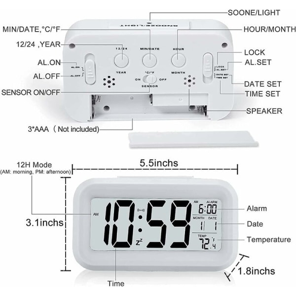 Digital väckarklocka morgonväckning, digital klocka batteridriven tyst väckarklocka för barn vuxna stor LED-display temperaturkalender (vit)