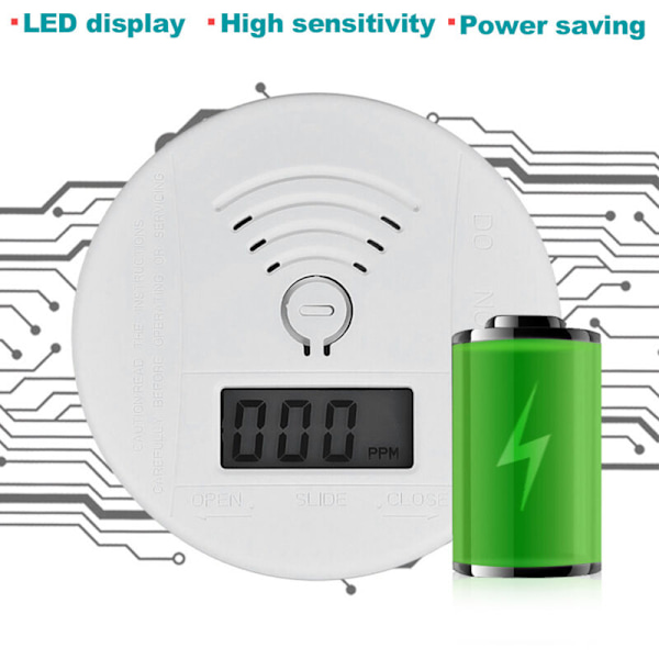 Mini Rund CO-sensor, 360° Koldioxiddetektor, Förgiftningsvarning, Ljud- och Ljusalarm med LCD-display