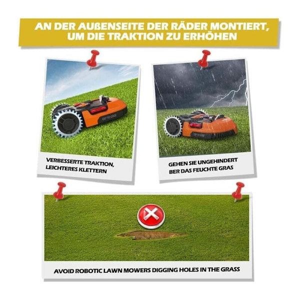 Premium rustfrie stålklosser for Worx Landroid gressklipper modell S/M Tykkelse 2mm, Forbedret trekkraft - Polert avgrading - Hjuldiameter: 205mm