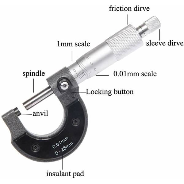 Utvändig mikrometer 0-25 mm, 0,01 mm upplösning (metrisk)
