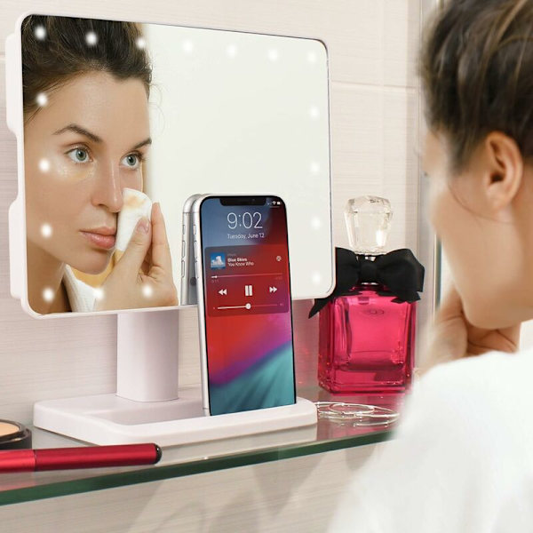 Sminkningsspegel med lampor och Bluetooth-högtalare, U-Reflect Beauty LED trådlös vridbar med bricka (vit) - Denuotop