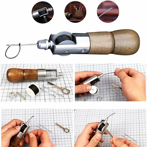 Läder Symaskin DIY Manuell Ko-Läder Canvas Syverktyg med Trådspol, Nål, Hålslagare, Nyckel.