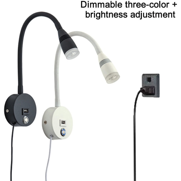Väggmonterad Läslampa Sconce USB Laddningsport Touch Dimmer Switch LED Varmvit Input