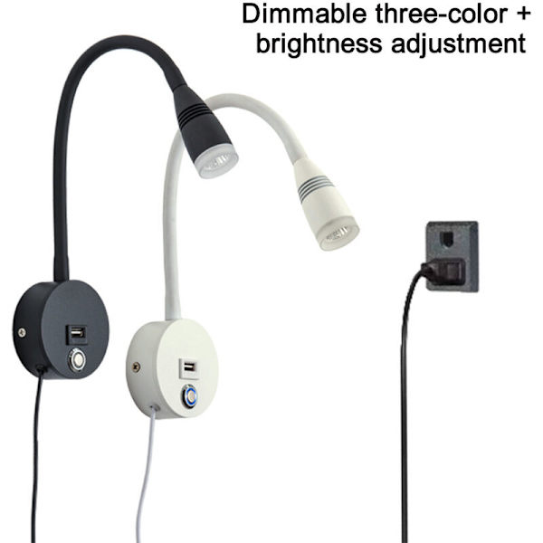 Veggmontert leselampe med USB-lading, berøringsdimmersbryter, LED-varmhvit lys