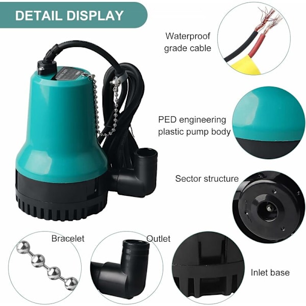 Neddykbar Vandpumpe, Snavset Vandpumpe DC 12 V 50 W 4200 L/H Neddykbar Vandpumpe Vandpumpe 2,3 m Slange med Klemme til Rent Snavset Pool Fiskepond