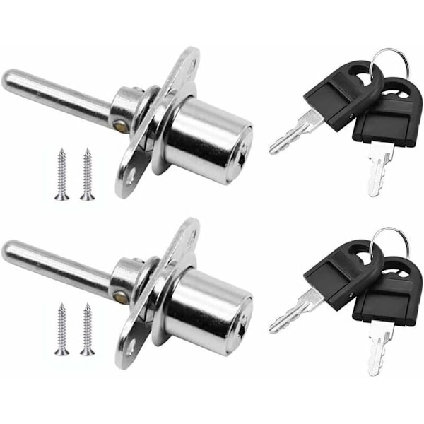 2 stk skufflås med nøkkel for møbler Stempellås for arkivskap Utstillingsvindu, Diameter 16 mm, Lengde 61 mm (Sølv)--