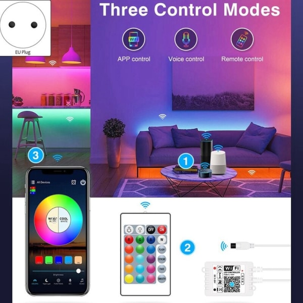 SMD5050 RGB LED-lampor med fjärrkontroll Smart Phone-app för att styra LED-lampor för sovrum barrum DIY 20M EU-kontakt