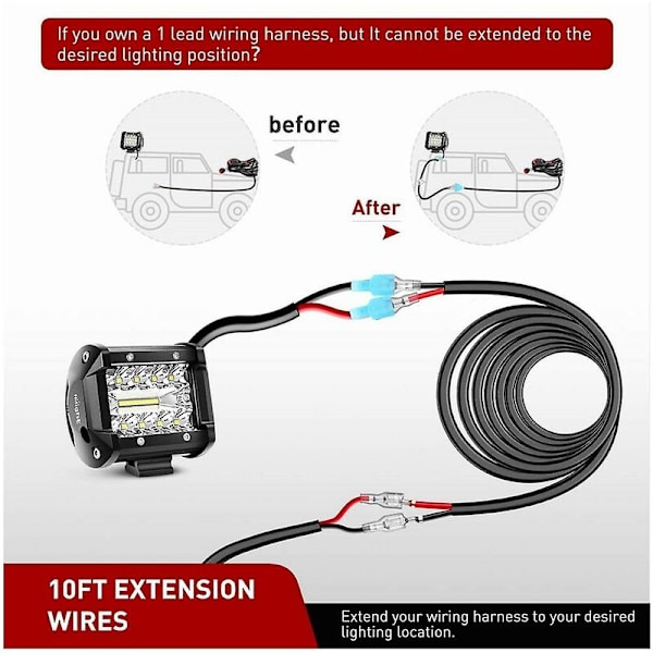 2 stk 16 AWG 10 fot 3 ledningsnett forlengelsessett Ledningsnett forlengelsessett for LED arbeidslys Ba