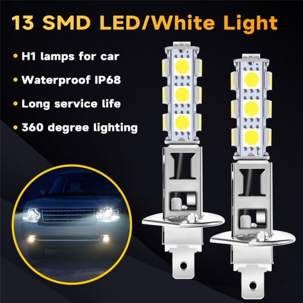 2 stk AUTO LAMPER HOVEDLYKT H1 HVIT 13 LED SMD 5050 CHIPS
