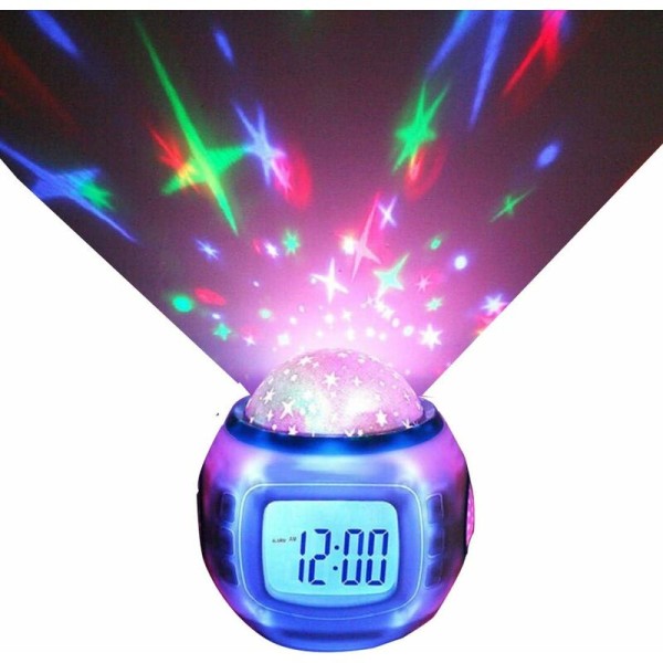 LED Digital Alarm Clock with Star Projector Music Calendar Timer Thermometer for Kids Toddlers Boys Girls-White-