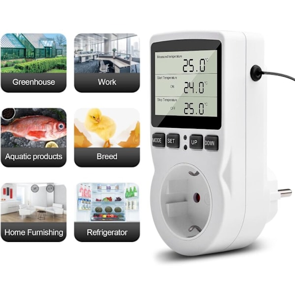 230V Temperaturregulator Stikkontakt med Sensor Digital Termostat Stikkontakt LCD Display Temperaturkontakt med Timer Velegnet til Køleskab Opvarmning