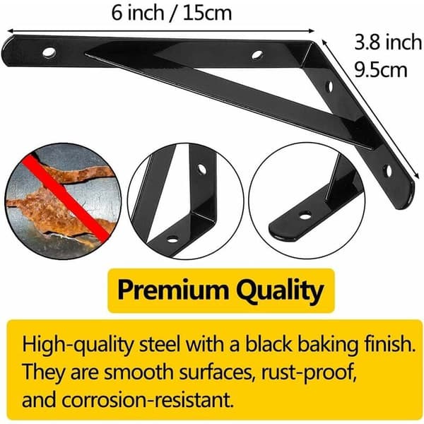 Väggkonsoler, 6-pack hyllkonsoler, 15 9,5 cm kraftiga metall 90 graders triangulära konsoler flytande ram, svart