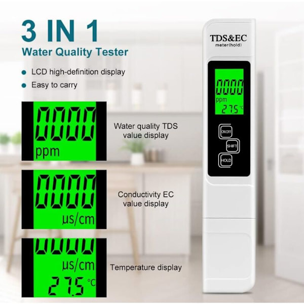 Vedenlaadun testaaja, 4-in-1 pH-mittari ja TDS&EC-lämpötilamittari, mittari LCD-näytöllä, korkea tarkkuusresoluutio 0,01, juomavedelle
