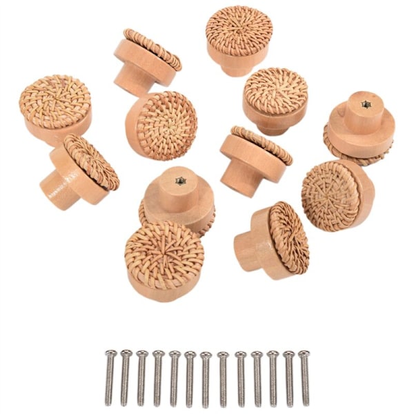 Boho Rattan Dørhåndtak Håndvevd Flettet Rundt Tre Skuffeknapper og Skruer for Boho Møbelknapper 12 Stykker