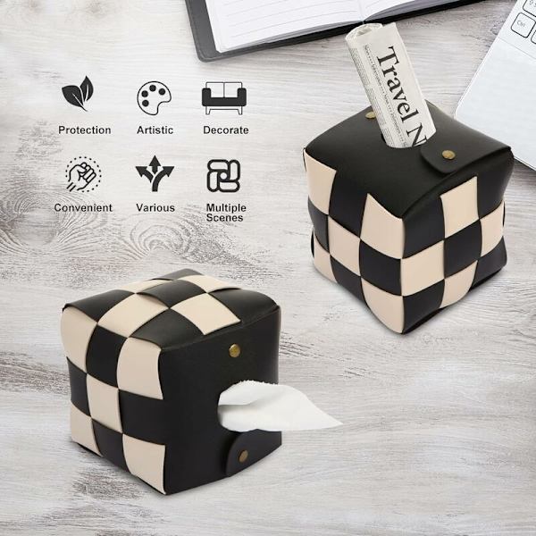 Vævæskeskrin Cover, Kvadratisk Vævæskeskrin Holder, Moderne Vævet PU Læder, Elegant Ternet Design, til Stue, Dekorativ Hylde, Badeværelse (Sort