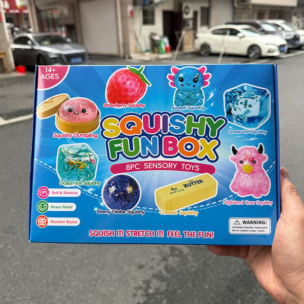 8-pack Squishy Sensoriska Leksaker Set Söta Matformade Stressavlastande Fidget Squish Box för Barn Autism Ångestlindring Klämleksaker